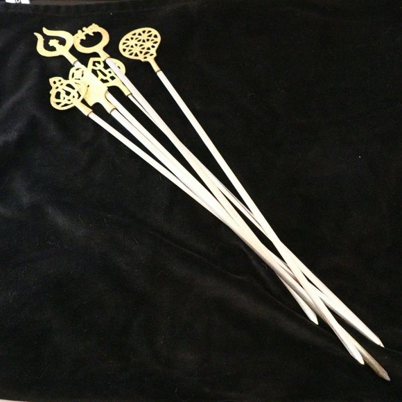 SOLD-6 Vintage 1960's Turkish Stainless Steel & Brass Shish Kebab Skewers, - Picture 9 of 11